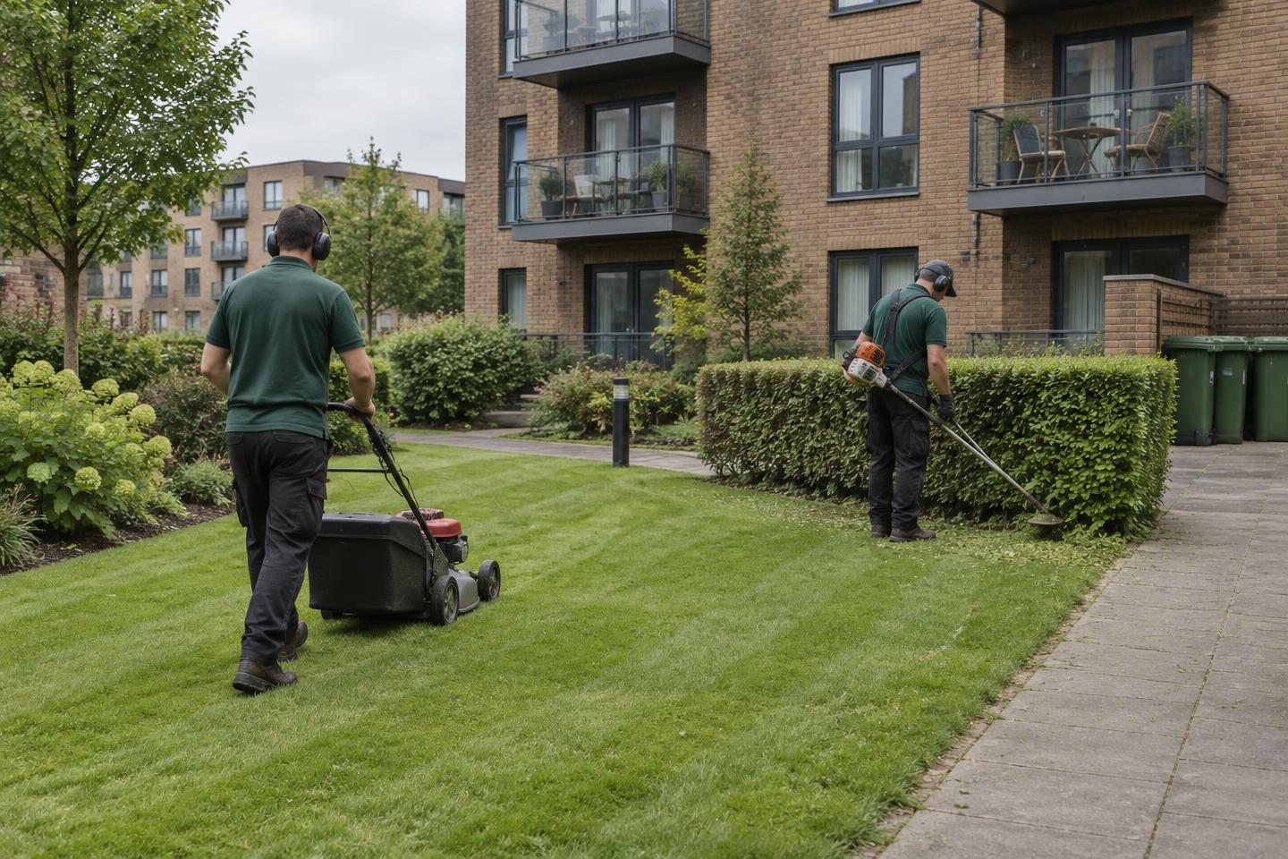 Two grounds maintenance operatives in dark green polo shirts cutting the lawn and trimming hedges in the communal grounds of a brick residential apartment block