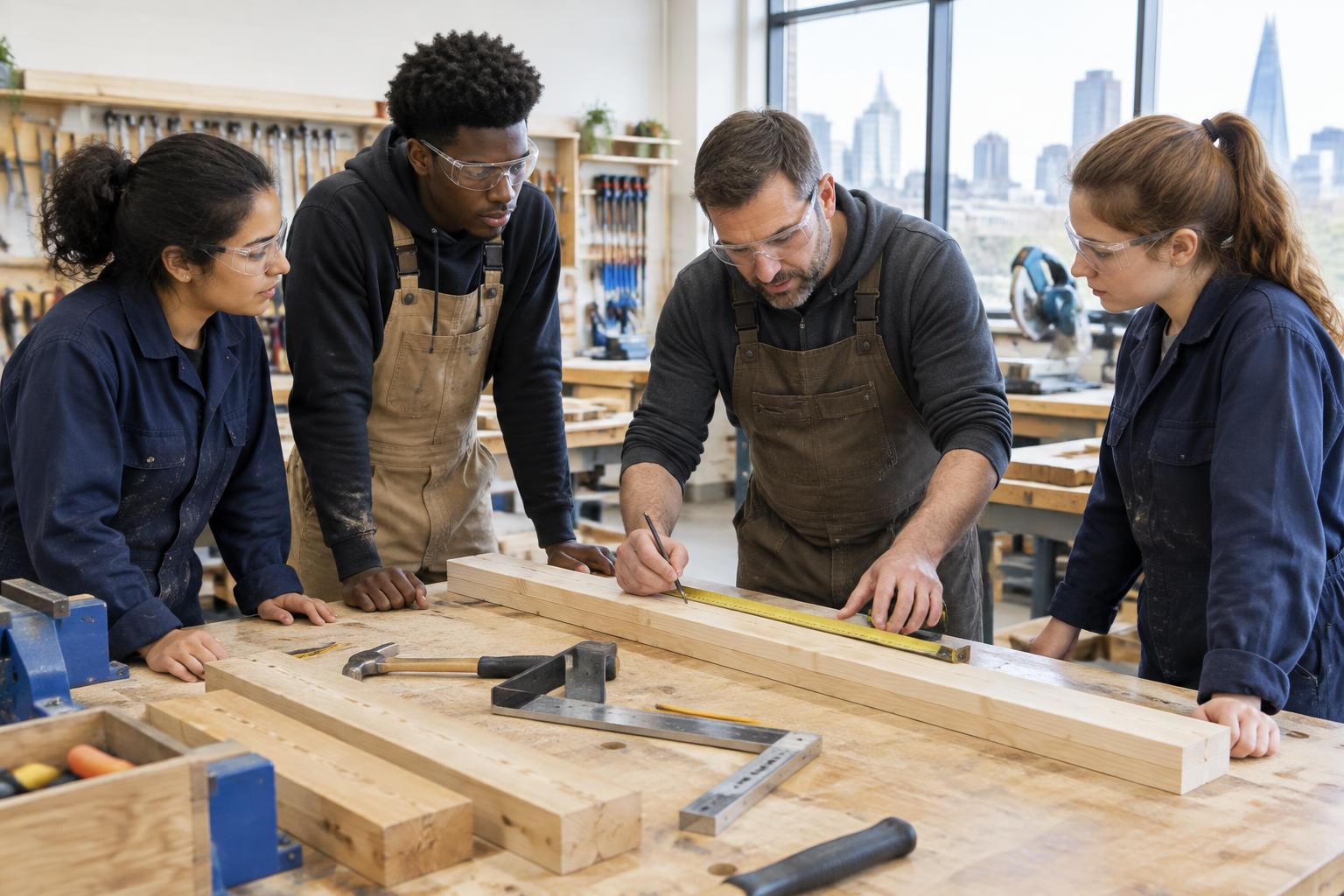 Illustrative workshop scene with young adults learning carpentry alongside a mentor