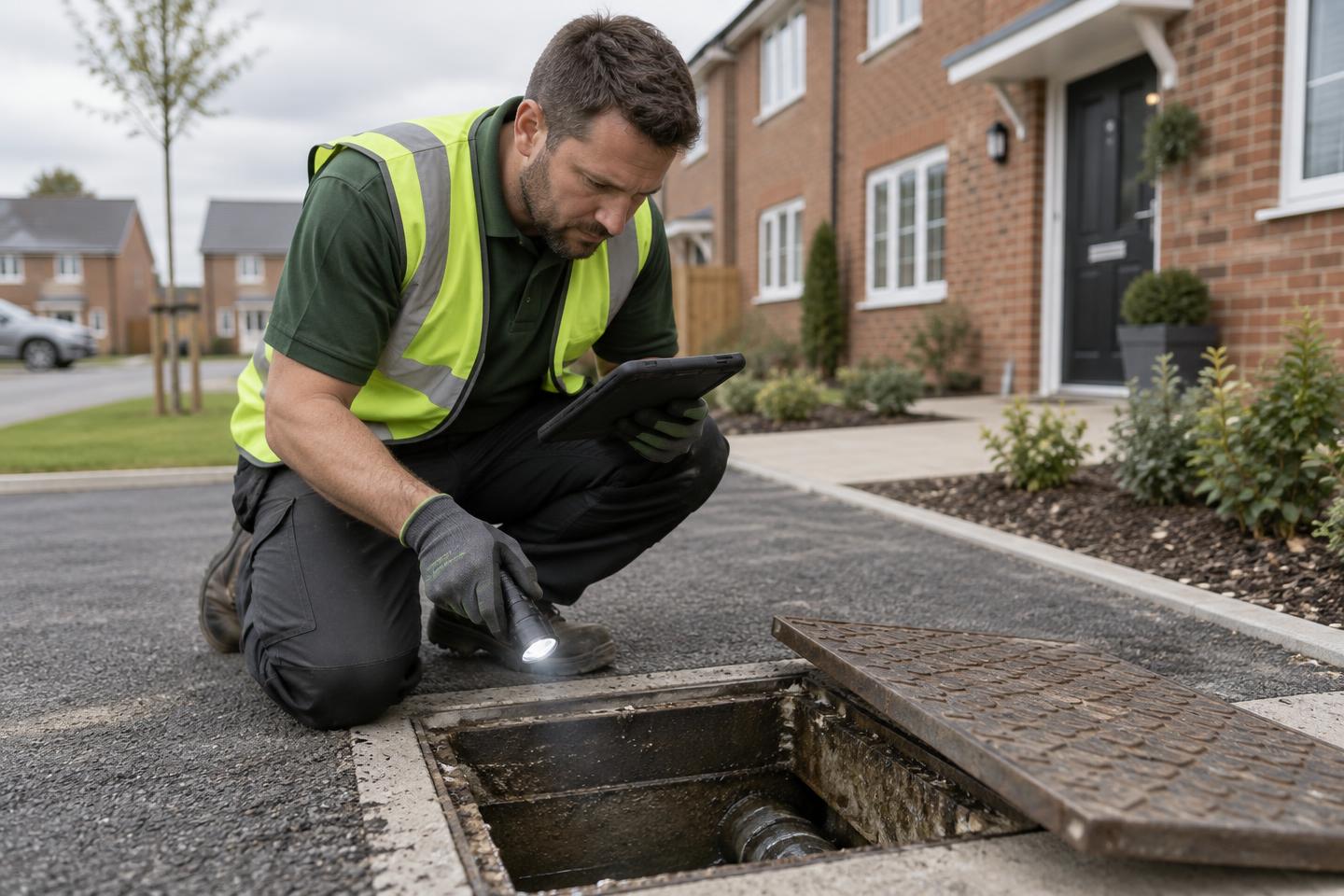 A Thornton FM engineer crouching beside an open drainage manhole at a new-build housing site, shining a torch into the drain with a tablet in hand