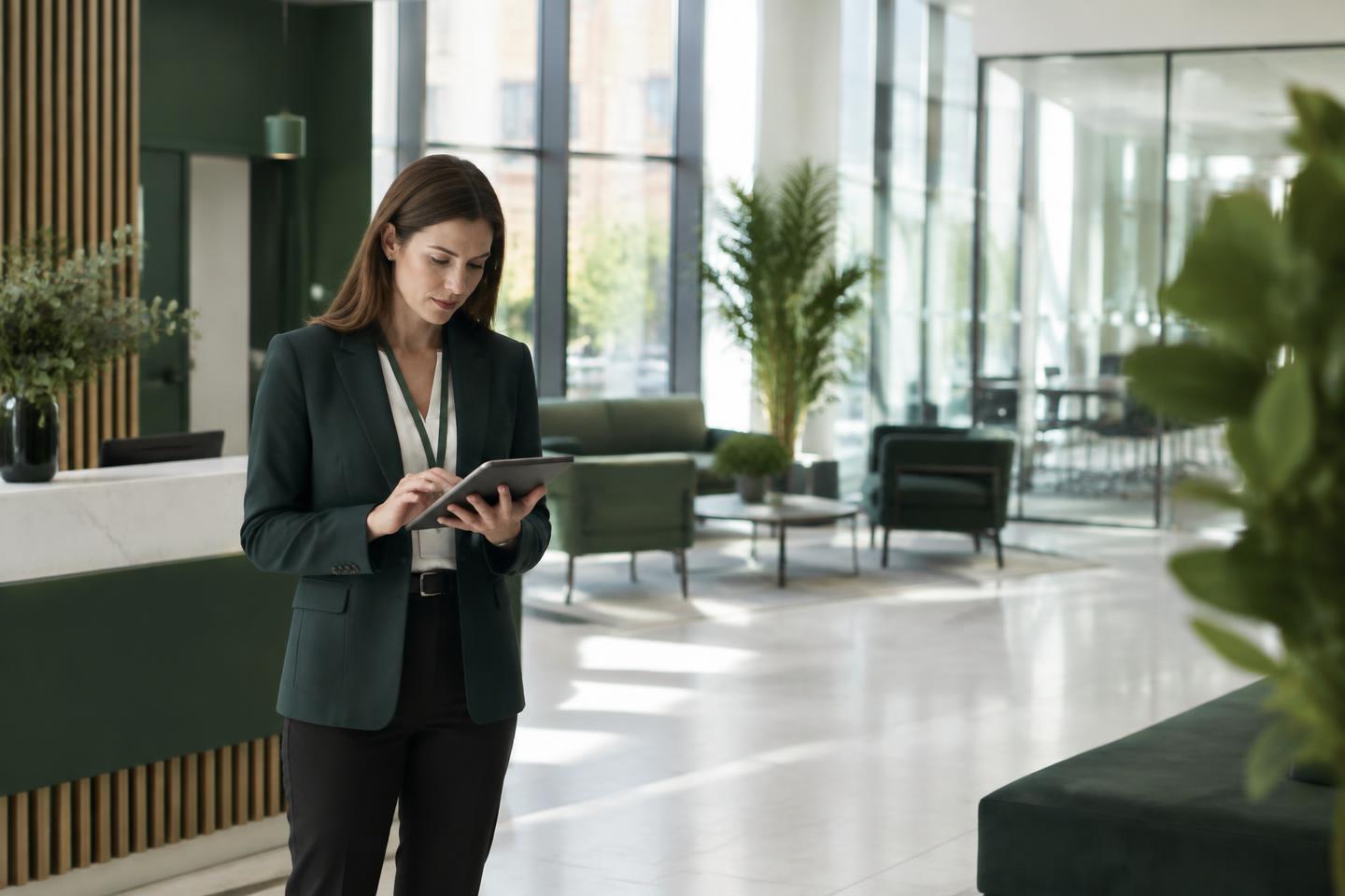 Illustrative property manager reviewing a tablet in a modern commercial office lobby