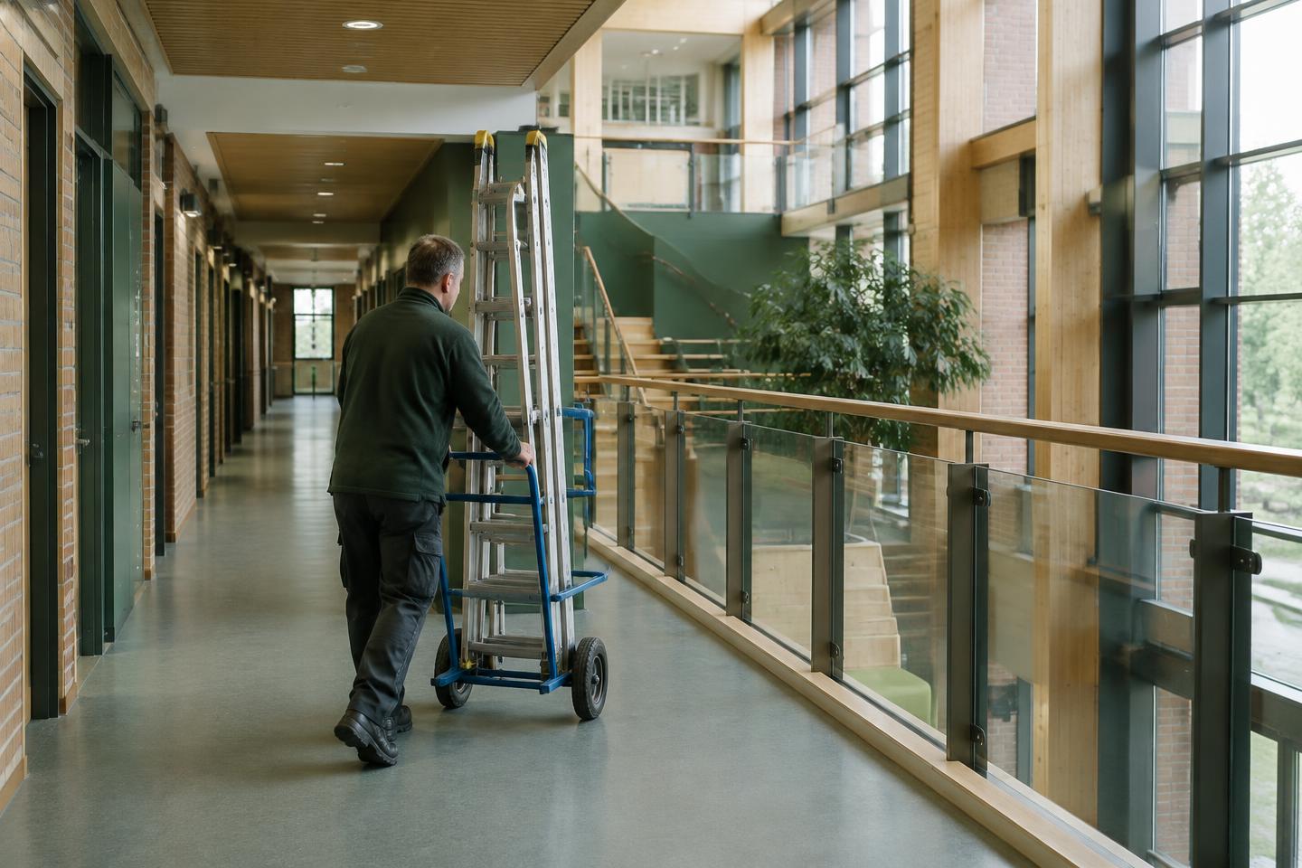 Illustrative maintenance engineer moving a ladder trolley through an academic building atrium