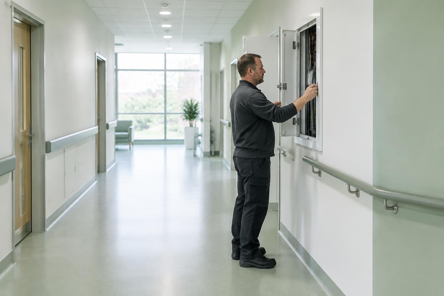 Illustrative facilities engineer checking a wall-mounted services cupboard in a healthcare corridor