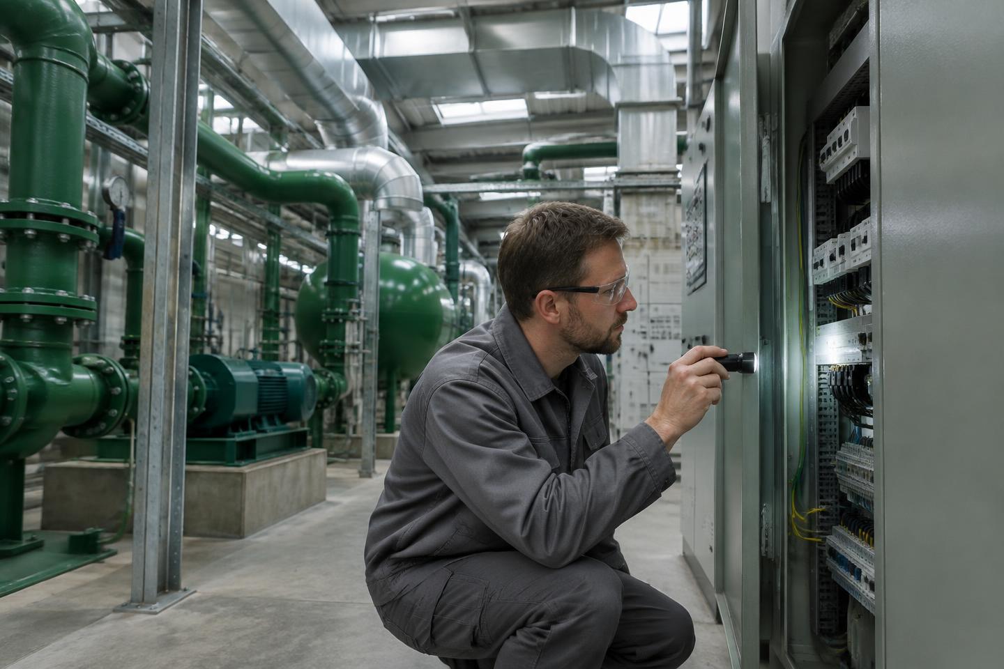 Illustrative engineer inspecting an electrical control cabinet in an industrial plant room
