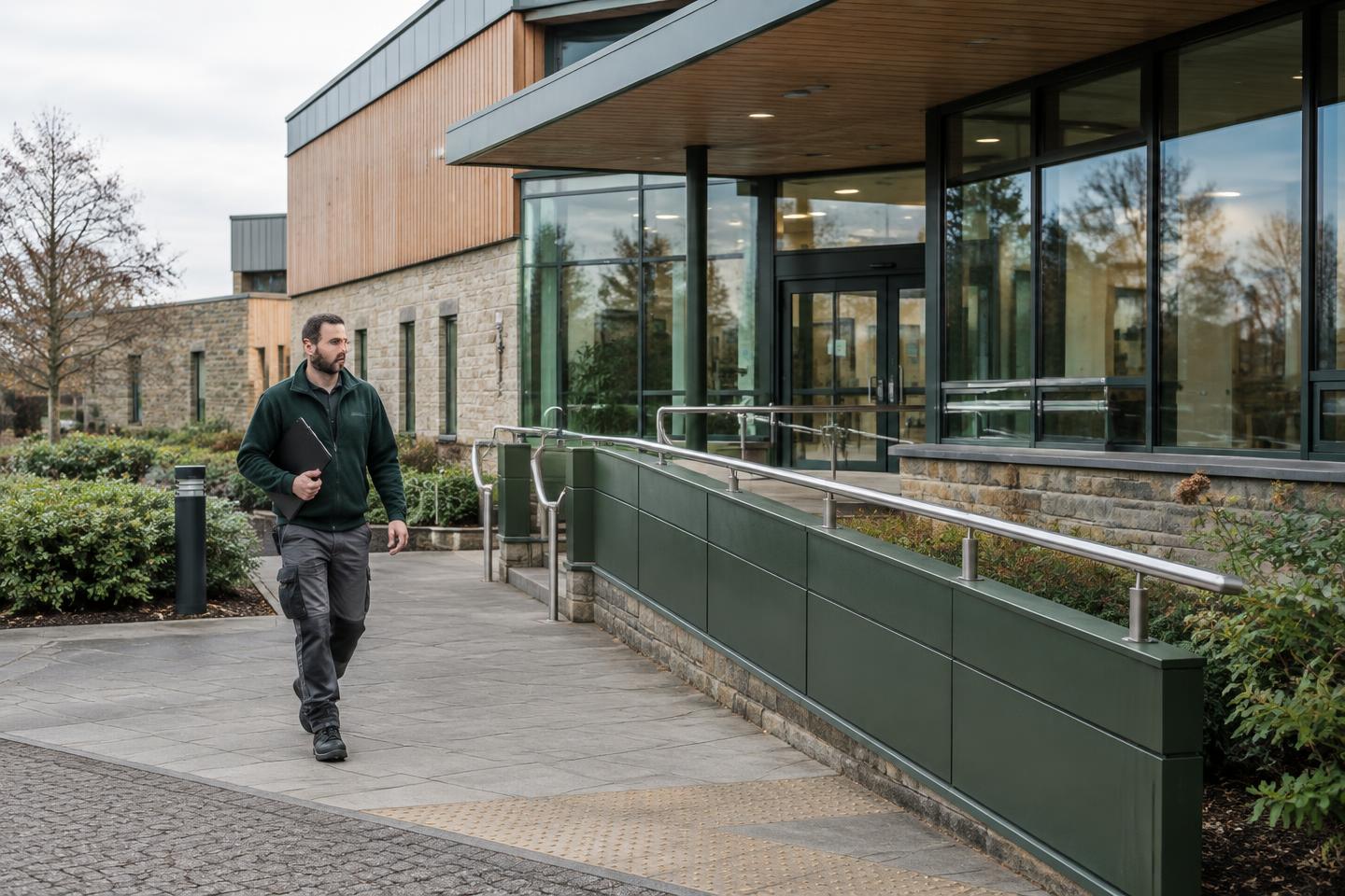 Illustrative facilities engineer walking towards the accessible entrance of a public sector building