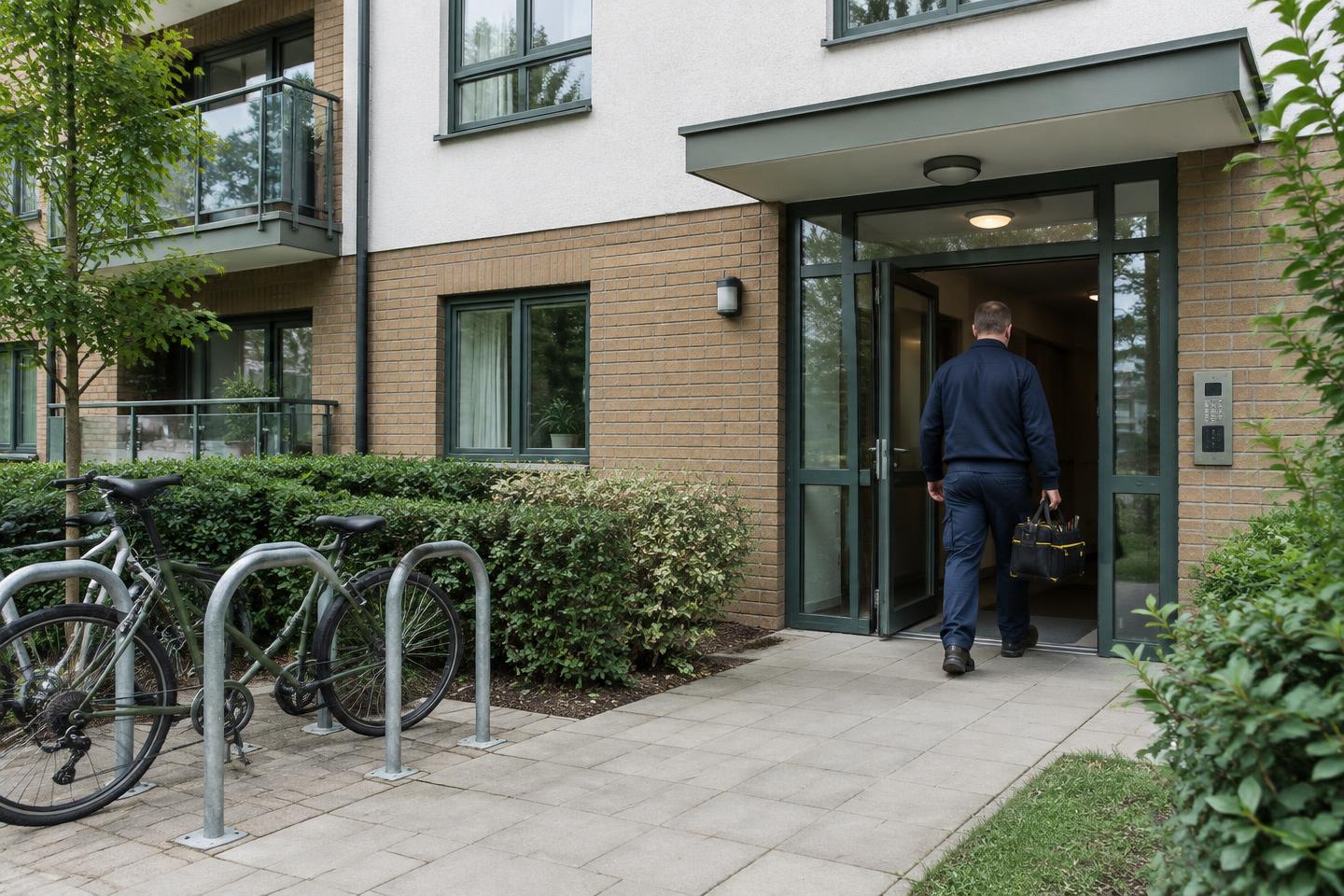 Illustrative maintenance engineer carrying a tool bag into a residential apartment block