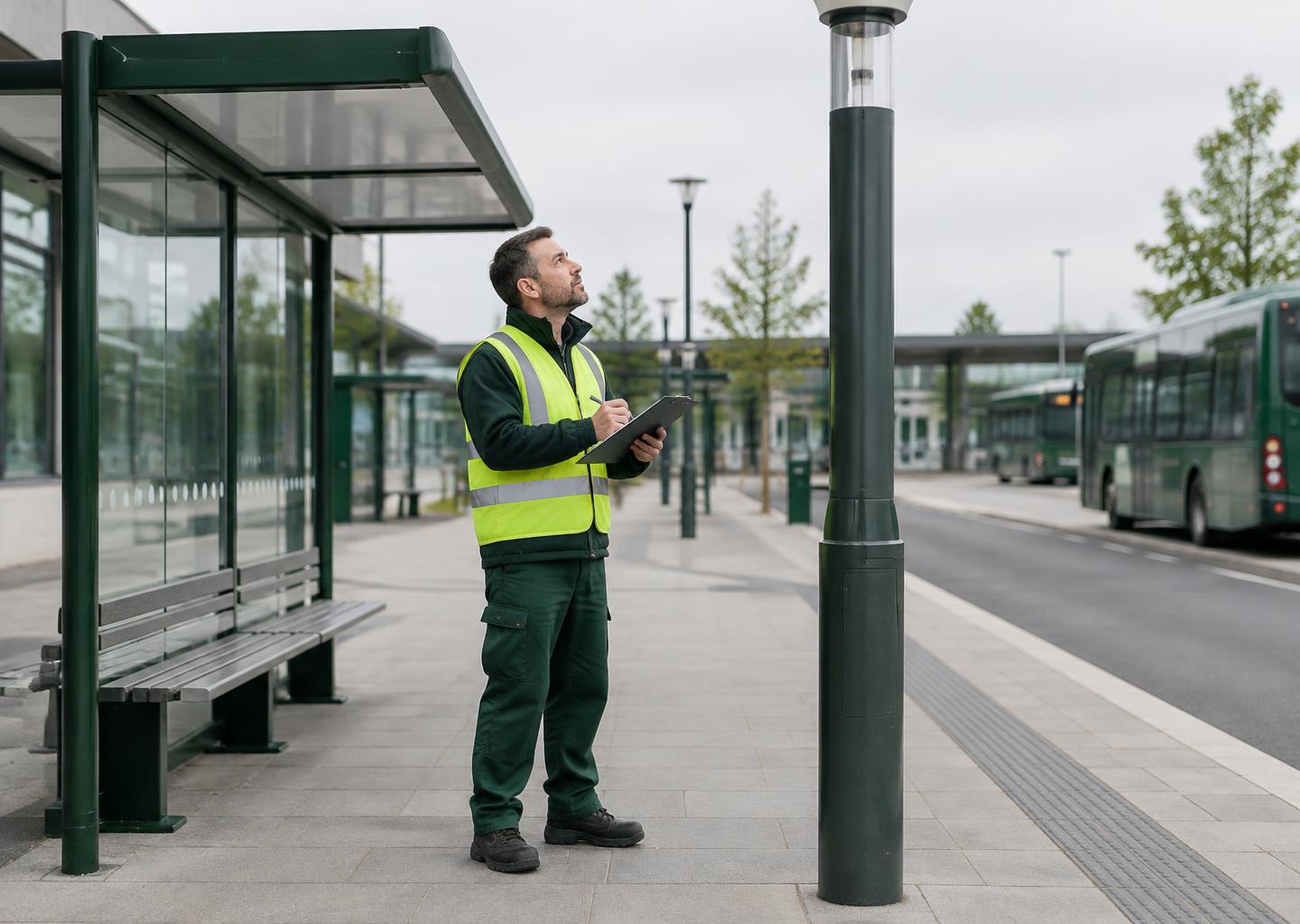Illustrative maintenance engineer with a clipboard inspecting a passenger shelter at a bus interchange