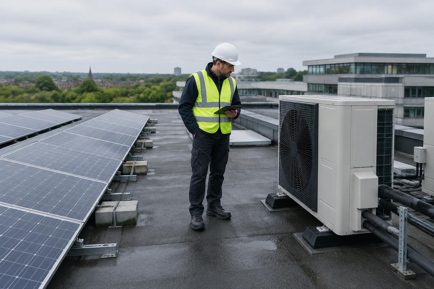 Illustrative engineer inspecting solar panels and a heat pump on a commercial building roof