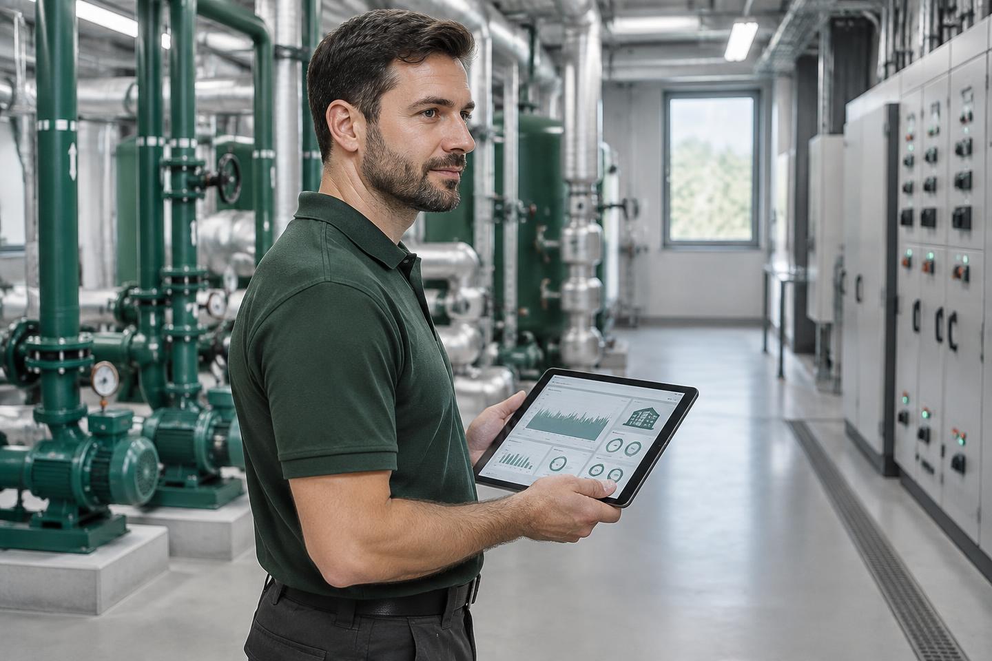 Illustrative energy engineer reviewing building energy performance on a tablet in a plant room