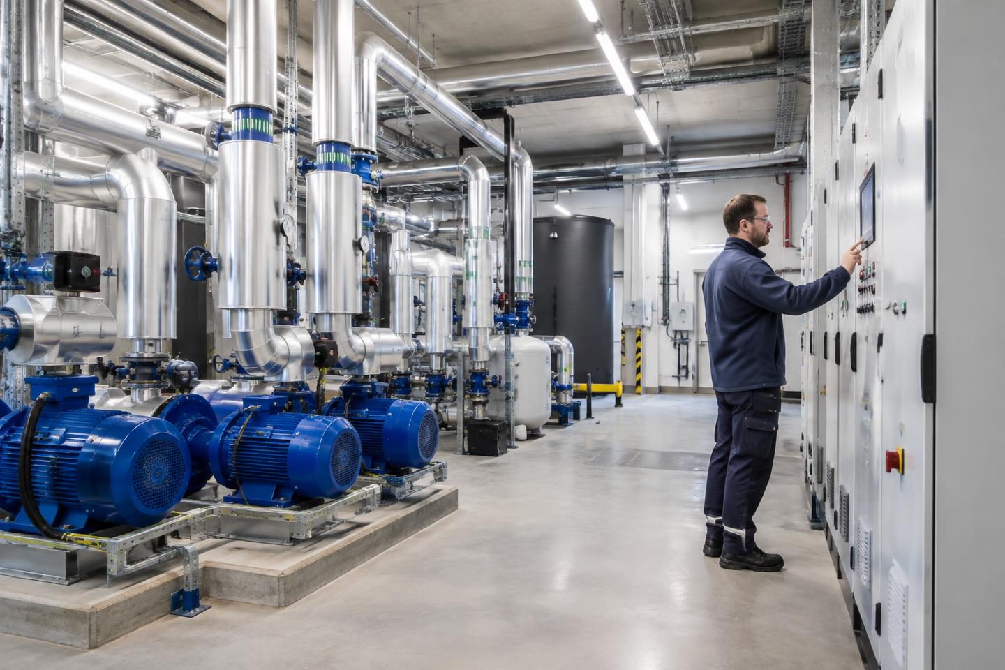 Illustrative maintenance engineer inspecting a commercial plant room