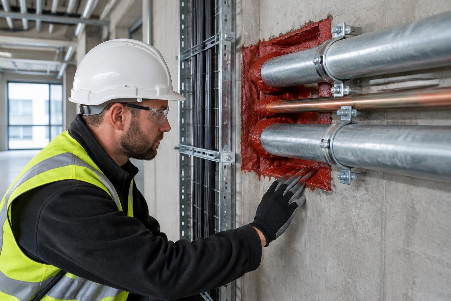 Illustrative technician inspecting passive fire protection around service pipes