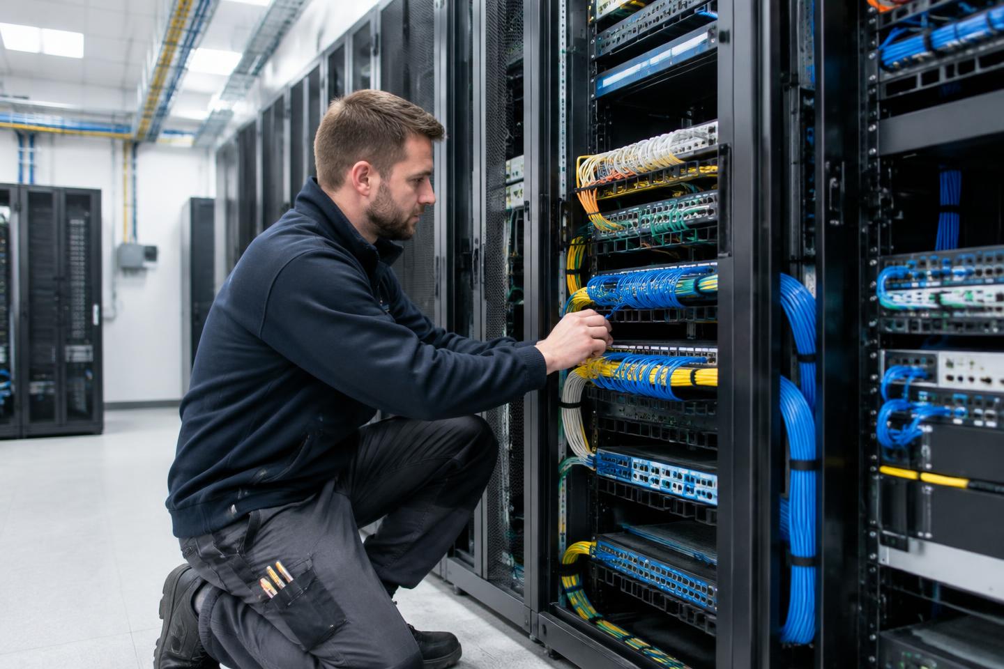 Illustrative telecoms technician inspecting structured network cabling